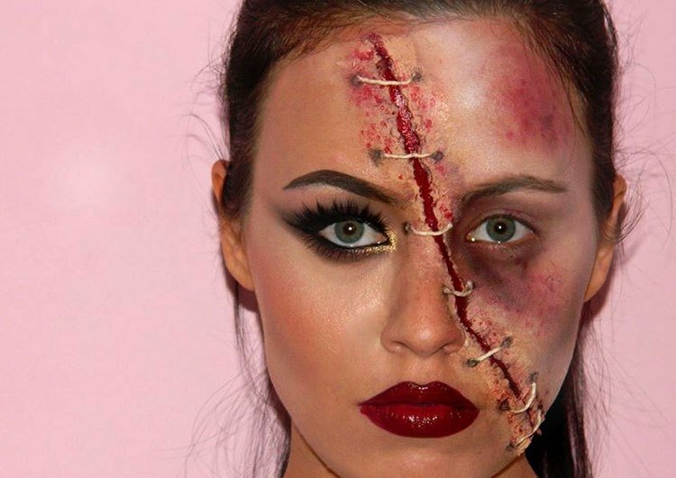 Vizuálne rozdeľte tvár na polovicu halloween tváre nalíčené rany návody na líčenie švová priadza