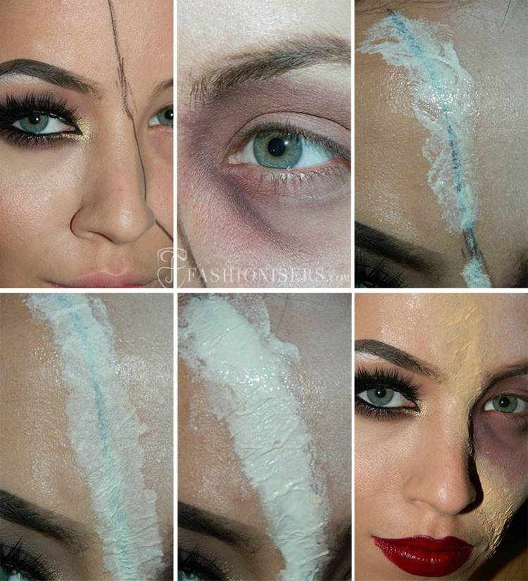 Rana na tvári je nahradená lepidlom na riasy a vreckovkami halloweenske tváre tvoria zombie glamour lepidlo vreckovka rúž