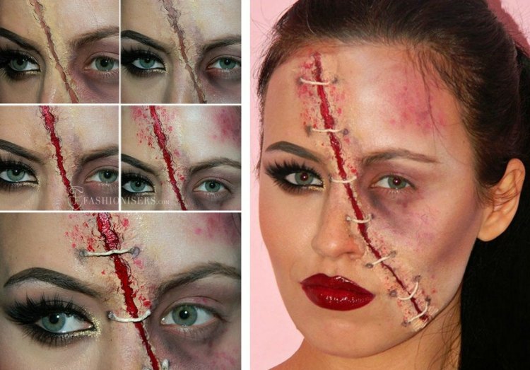 Oblečte sa ako zombie na Halloween halloween tváre nalíčené dámy vzhľad zombie rany 3D efekt