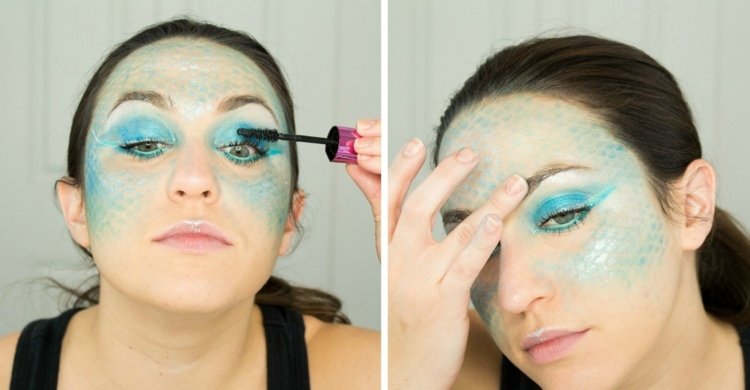 Riasy nalíčte riasenkou a obočie striebornými trblietkami Halloween tvár make -up riasenka make -up obočie morská víla nápad