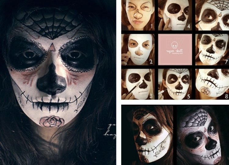 Tvár z lebky z cukru s návodom halloween tváre make-up cukrová lebka čierna a biela