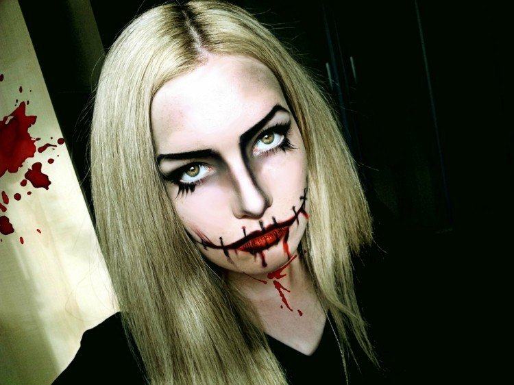Odličujte halloweenske tváre - upír so zašitými ústami halloween tváre líčenie upír kostým dámy šev imitácia