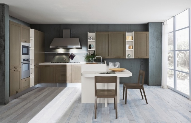 klasické drevené kuchynské skrinky barové pultové barové stoličky sivá palubovka