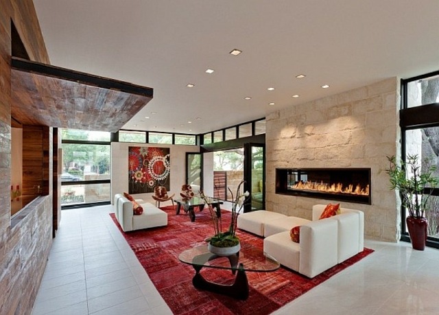 Nápady do obývačky domov červený koberec biely akcenty nábytku červený koberec biely nábytok akcenty farba