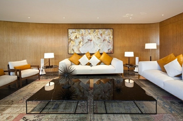 Obývacia izba horčicovo žltá farba dekoračného vankúša na stenu Farebný nástenný dekoračný vankúš zo 60. rokov