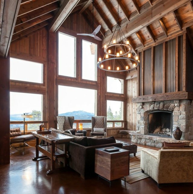 Obývacia izba nápady domov krb kamenná stena drevený nábytok podlahy Krbová kamenná stena drevené kreslo s podlahou