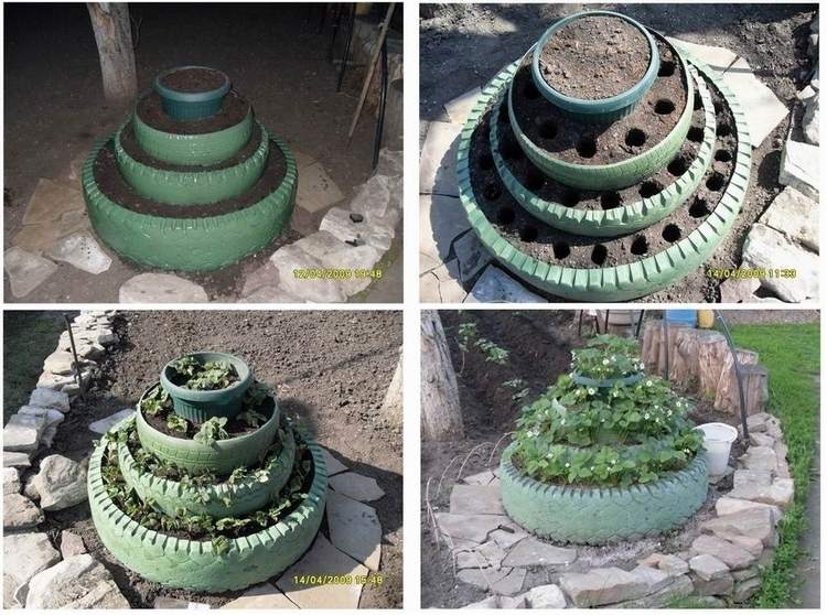 Pyramída zo starých pneumatík na jahody