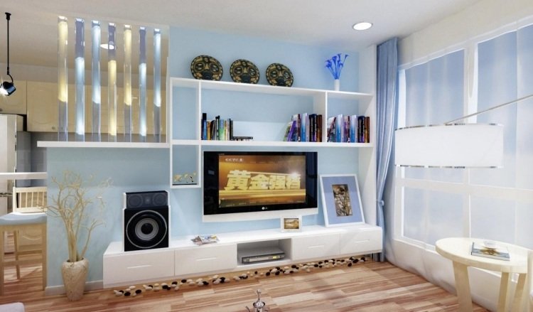 nápady na dekoráciu-obývačka-stena-jednotka-biela-dekoratívne tyče