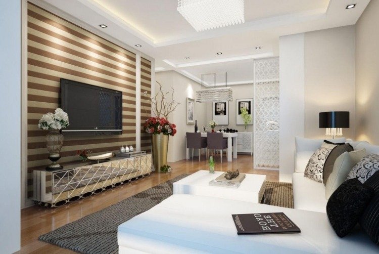 Nápady na dekoráciu do obývačky - dizajn steny - pruhy - zrkadlové - príborník