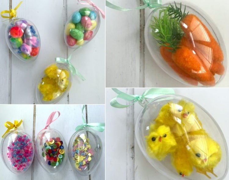 Senzorický drotár fliaš s batoľaťom v priehľadných plastových vajíčkach na Veľkú noc