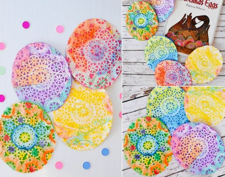 Vyrobte si veľkonočné vajíčka na Veľkú noc s batoľaťom z papiera a čipky vodovými farbami