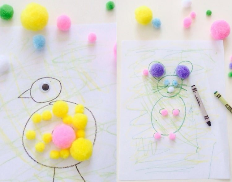 Nakreslite na papier typické veľkonočné zvieratká a ozdobte ich malými pomponmi