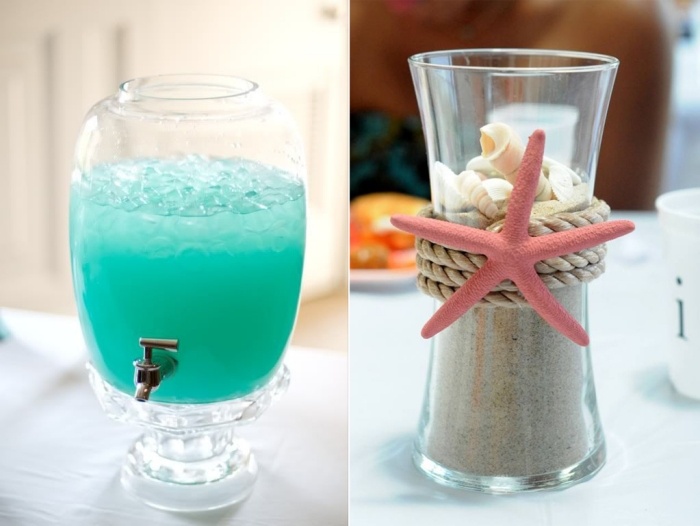 Plážový štýl-svadobná sprcha-dekorácia-nápady-okuliare-naplnené-pieskom-a-škrupinami