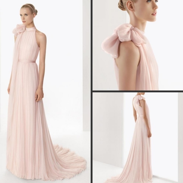 Tieto skvelé šaty zodpovedajú trendom ľahkej letnej svadby šifónové šaty-mandarínkový golier-ružová-koláž