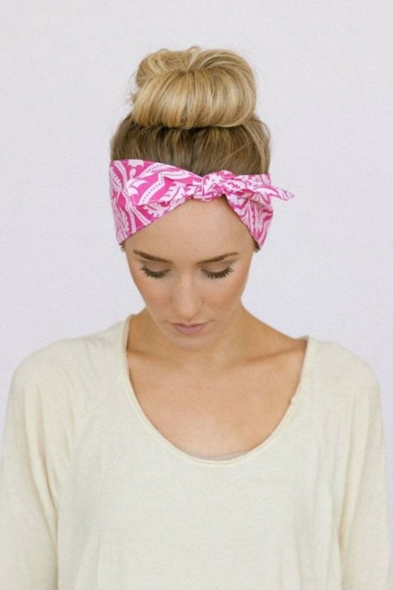 Bun-with-a-scarf-as-a-band-for-the-hair