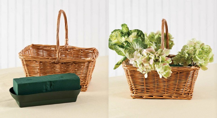 dekorácie-nápady-veľkonočný stôl-košík-kvetinová-špongia-hortenzie