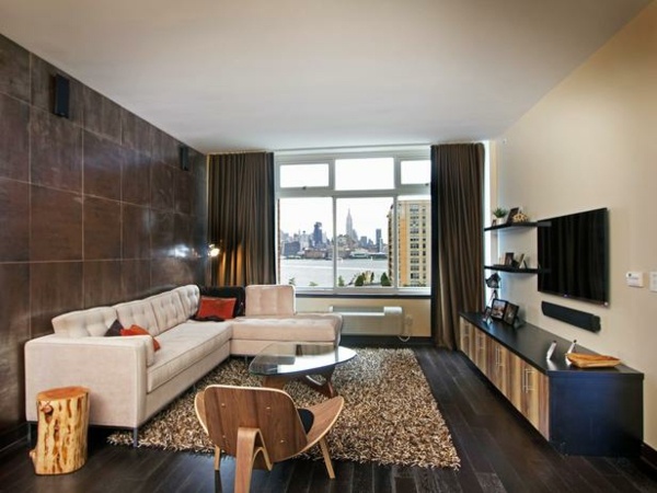 Nábytok do obývačky sivá farba na stenu moderný interiér obývacia izba hnedá