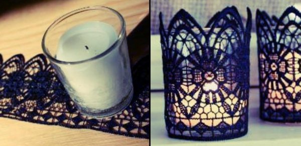 Jednoduché držiaky na sviečky sú transformované modrá-čipka-dekorácia-sviečka-svadba-nápad