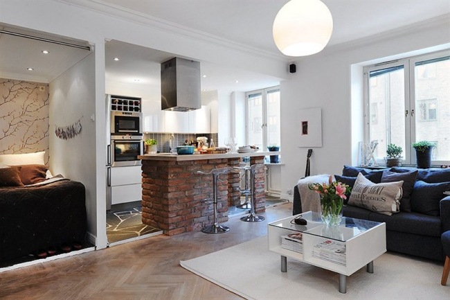 malý byt kuchyňa obývacia izba spálňa škandinávsky štýl zariadenie malého bytu kuchyňa obývacia izba spálňa škandinávsky