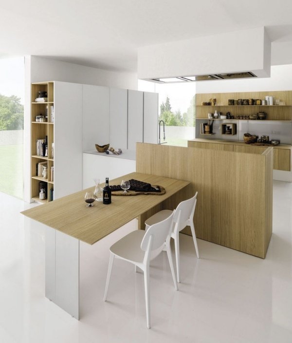 Kuchynský ostrov, teplý tón dreva, biely nábytok Kuchynský ostrov, teplý tón dreva, biely dizajn nábytku