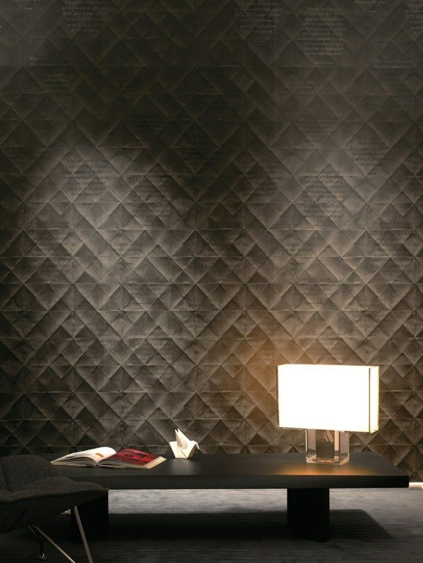 Tabuľka moderných reliéfnych tapiet v čiernej farbe Tapeta Obývacia izba stolná lampa čiernej farby