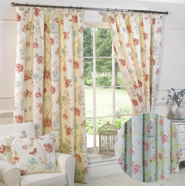 nápady záclony kvety motívy vtáčia klietka vzor tkanina