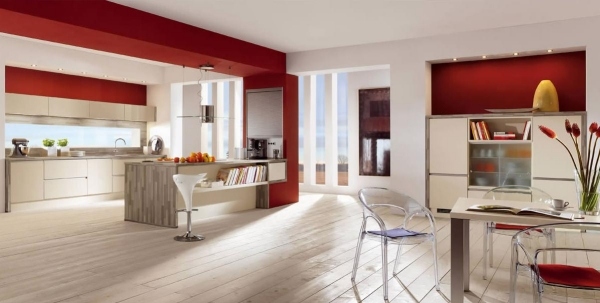 Kuchyne Nobilia biele červené svetlo hnedé podlahové parkety