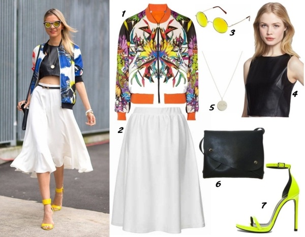 Stredne dlhá sukňa s exotickými doplnkami tropicke-printy-rock-outfit-bunda-biela