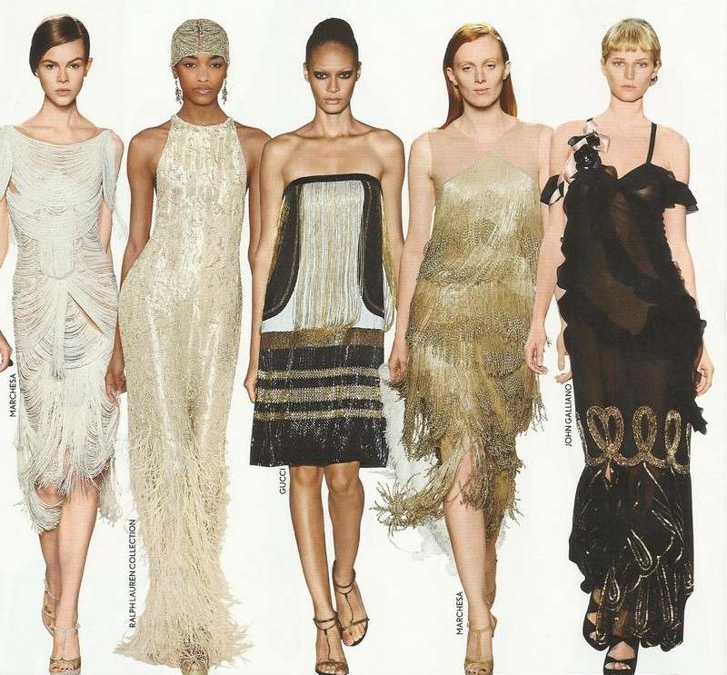 Móda 20. rokov v zlatej farbe - koktejlové šaty s volánikmi a strapcami 1920-móda-zlato-Charleston-šaty-strapce-rôzne-značky