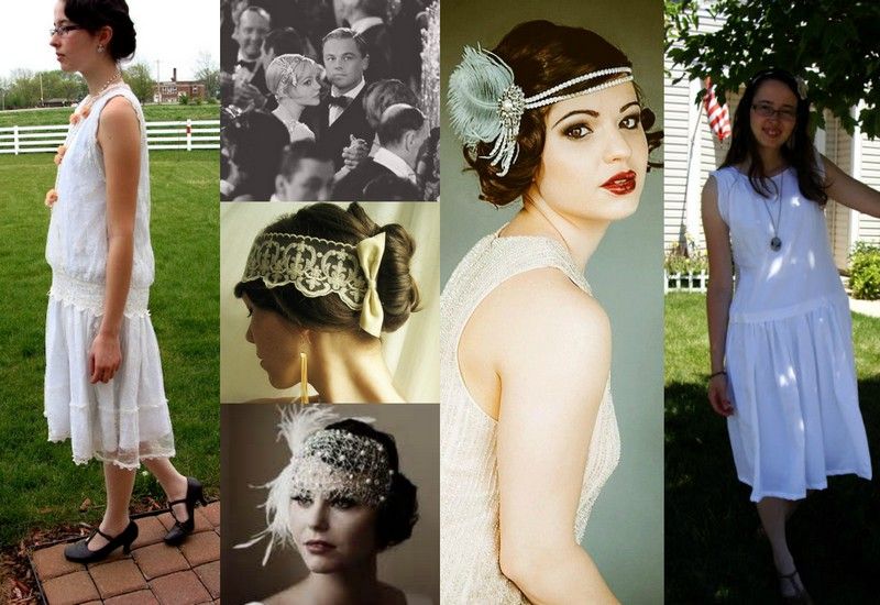 Móda 20. rokov 20. storočia - čelenka s perím a umelými perlami Módne vešiakové šaty s čelenkou a perlami