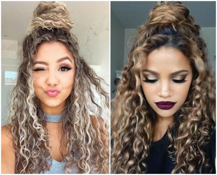 účes pre dlhé kučery s ofinou - Half up top uzol