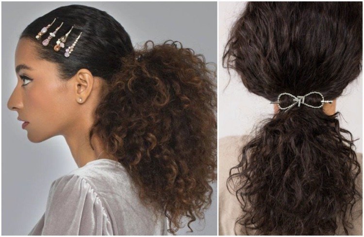 kučery a účes poníka hlboký chvost s vlasovými doplnkami