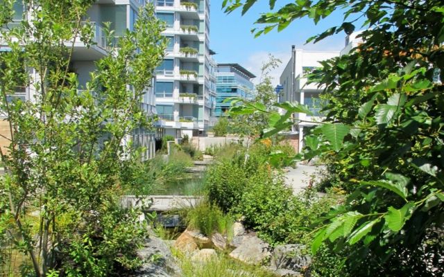 Okrasné stromy, sklenené zábradlia, záhrady uprostred veľkého mesta