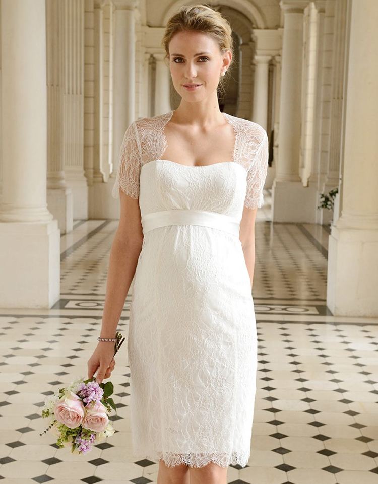svadobné šaty-tehotné-svadobné-šaty-krátke-biele-čipkované-elegantné