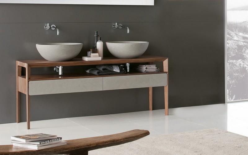 Drevená skrinka pod umývadlo s umývadlom a betónovým umývadlom Márnosť-dizajn-moderné-drevo-keramika-umývadlo