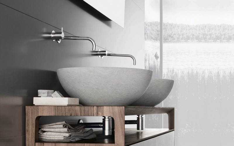 Umývadlo z dreva a umývadlo na dosku z prírodného kameňa Skriňa pod márnosť-polkruhový-prírodný kameň-drevo