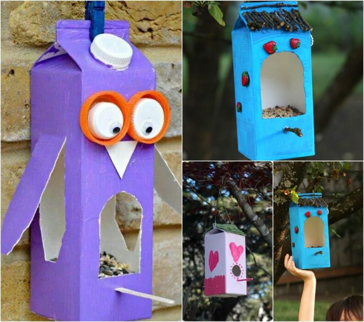 Remeselné nápady pre letné batoľatá-stanica na kŕmenie vtákov-kartón na šťavu a mlieko