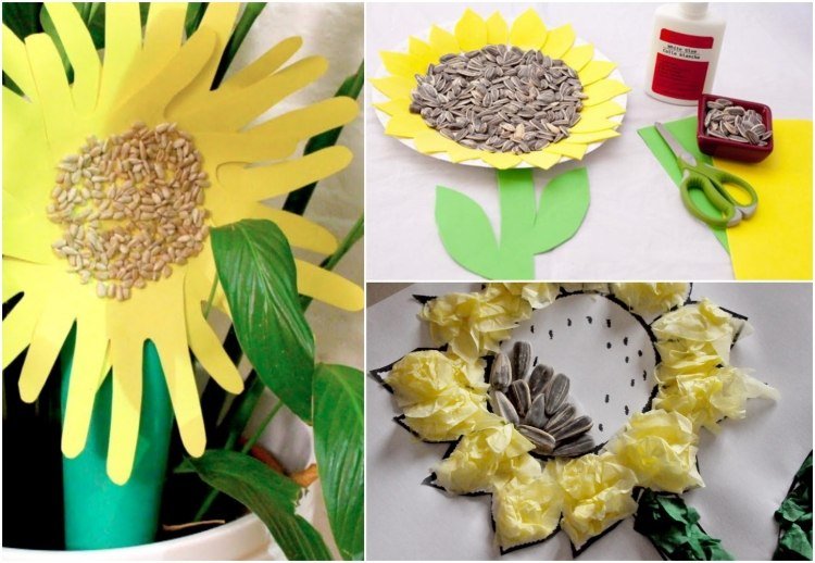 Remeselné nápady pre letné batoľatá-slnečnicový-papier-jadrá
