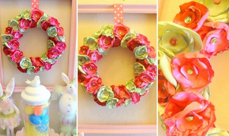 krásne-veľkonočné dekorácie-jarný veniec-hodvábne kvety-červeno-zelené