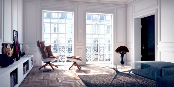 kreslo na relaxáciu okna z prírodného svetlého skla s pohovkou kreslo na relaxáciu obývačky s prirodzeným svetlom a taburetkou