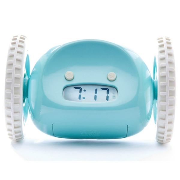 Budík na kolieskach akvamarínová modrá nevšedné nápady darčeky Budík moderný dizajn na kolieskach modrý nevšedné nápady darčeky