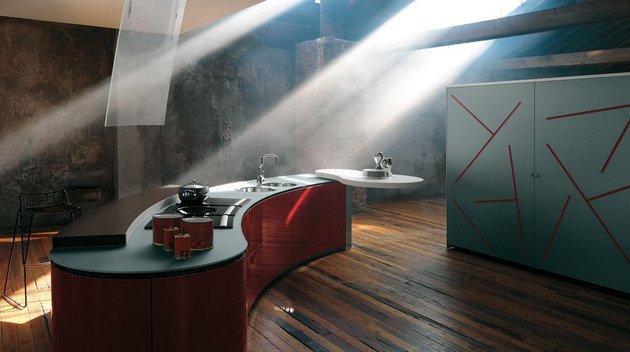 Predné diely z nehrdzavejúcej ocele-kuchyňa-lak-červená-Artematica-Curva-valcucine-futuristické-zakrivené