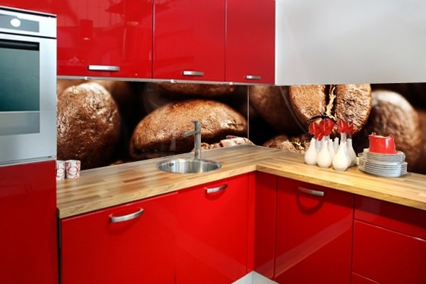 Kuchynská sklenená zadná stena káva akrylové sklo foto červená predná časť skrine