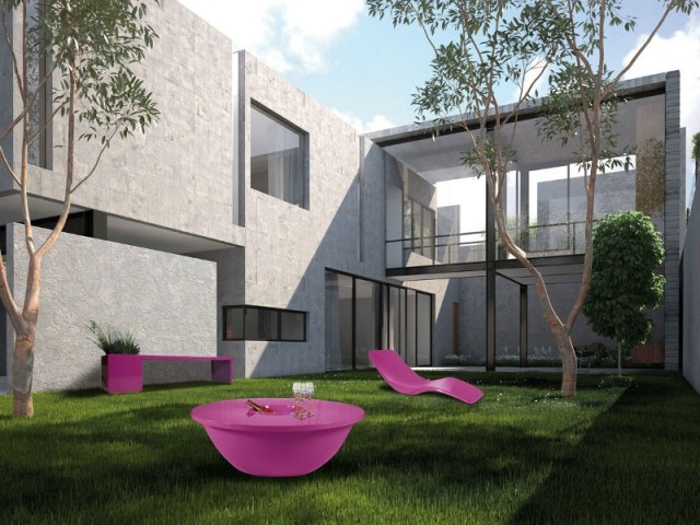 záhradné lavice navrhuje integrované kvetináče CORSO Decolupo moderná záhradná lavička purpurový integrovaný kvetináč CORSO Decolupo