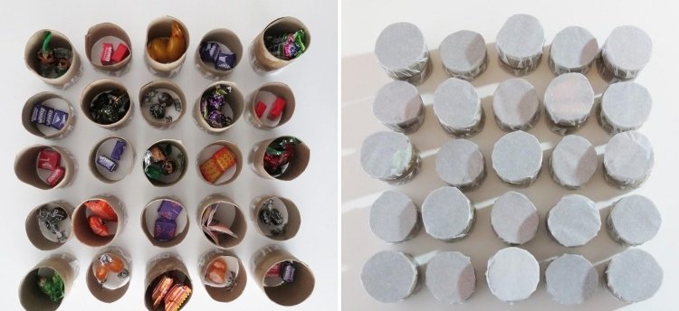 do roliek vkladajte rôzne malé predmety alebo sladkosti DIY-nápady-vianočné-recyklácie-advent-kalendár-toaletný papier-rolky-návod-prekvapenia-sladkosti-kreatívne