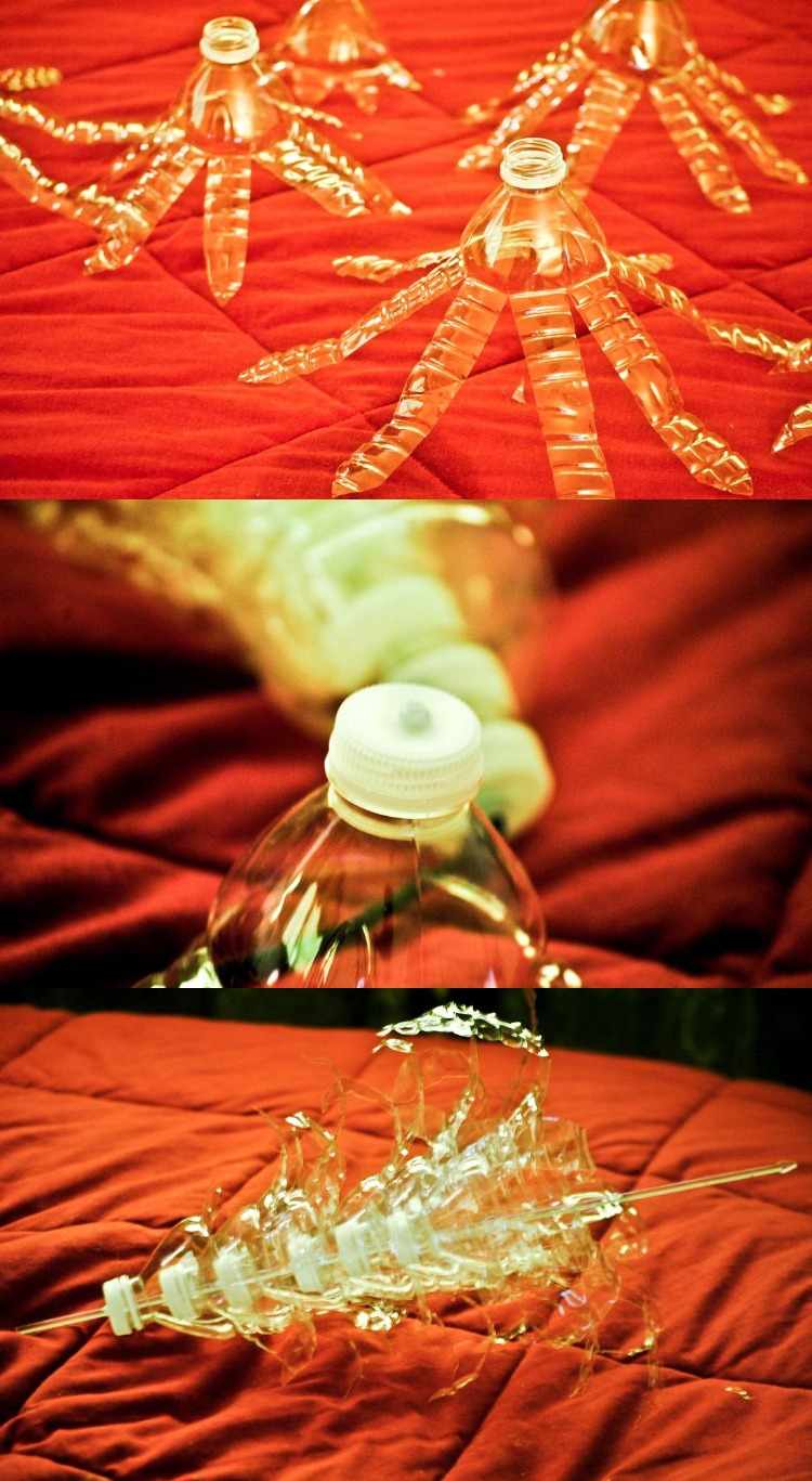 plast nakrájajte na prúžky a naukladajte fľaše na seba tinkering-nápady-vianočné-recyklácia-dekorácie-vianočný stromček-pet-fľaše-kutilstvo-kreatívne-oeko