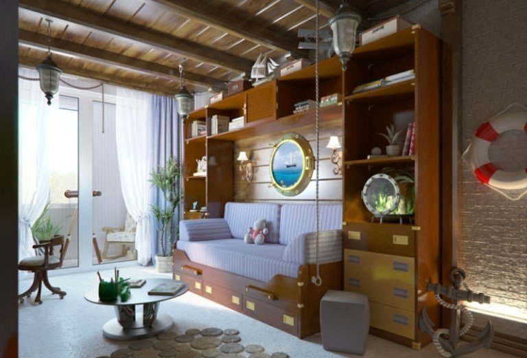 detská izba pre chlapcov námorná dizajnová posteľ okolo konferenčného stolíka drevo