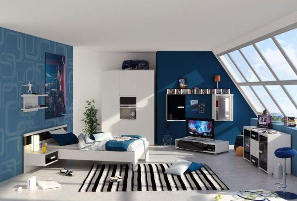 Šikmé nápady v spálni pre chlapcov-koberec s dizajnom modrej steny