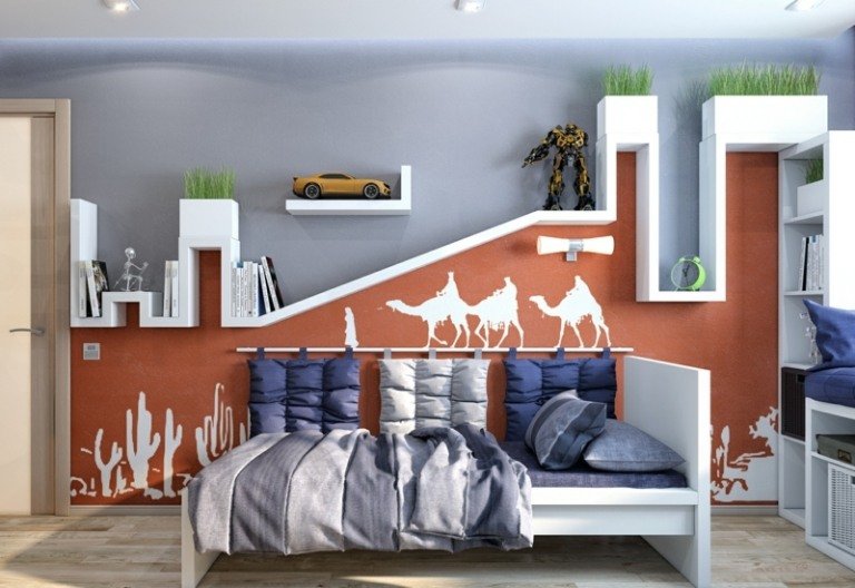 detská izba pre chlapcov originálna polička moderná červená modro-sivá farba steny