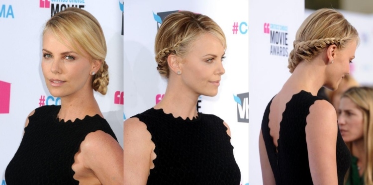 Zapletaný účes Charlize Theron s drdolom účes-nápad-drdol-bokom-zapletaný účes